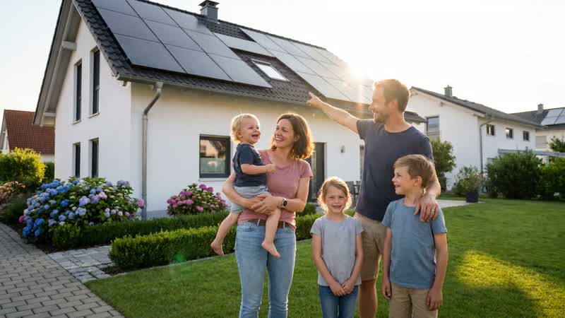 Familie vor Haus mit Solaranlage